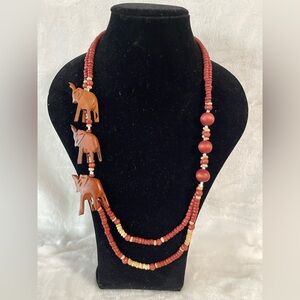 Vintage wooden elephant, hand beaded necklace